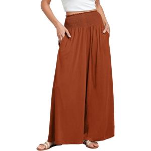 image:imageANRABESS Women Palazzo Pants Summer Boho Bagyy Wide Leg High Smocked Waist Casual Loose Lounge Pant with PocketBrick Red