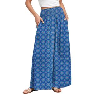 image:imageANRABESS Women Palazzo Pants Summer Boho Bagyy Wide Leg High Smocked Waist Casual Loose Lounge Pant with PocketFloral Blue