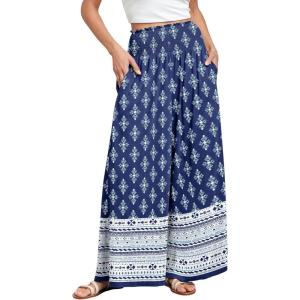 image:imageANRABESS Women Palazzo Pants Summer Boho Bagyy Wide Leg High Smocked Waist Casual Loose Lounge Pant with PocketFloral Blue Diamond