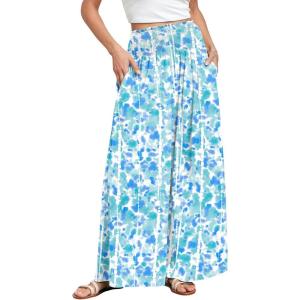 image:imageANRABESS Women Palazzo Pants Summer Boho Bagyy Wide Leg High Smocked Waist Casual Loose Lounge Pant with PocketFloral Lake Blue