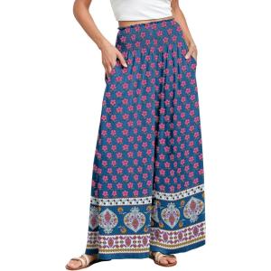 image:imageANRABESS Women Palazzo Pants Summer Boho Bagyy Wide Leg High Smocked Waist Casual Loose Lounge Pant with PocketFloral Pink Blue