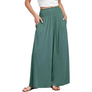 image:imageANRABESS Women Palazzo Pants Summer Boho Bagyy Wide Leg High Smocked Waist Casual Loose Lounge Pant with PocketGrass
