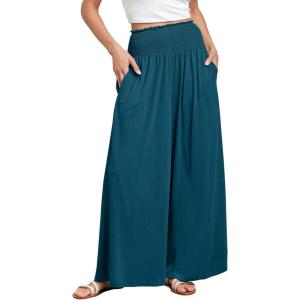 image:imageANRABESS Women Palazzo Pants Summer Boho Bagyy Wide Leg High Smocked Waist Casual Loose Lounge Pant with PocketTeal Blue