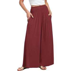 image:imageANRABESS Women Palazzo Pants Summer Boho Bagyy Wide Leg High Smocked Waist Casual Loose Lounge Pant with PocketWine Red