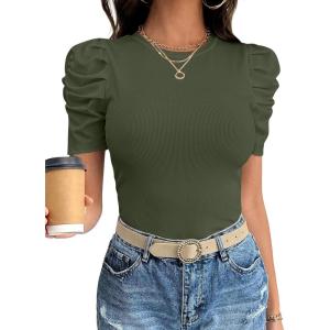 image:imageANRABESS Women Puff Short Sleeve Crewneck Dressy Casual Tops Summer Fitted Ribbed Knit Trendy Work Shirts 2026 Spring ClothesArmy Green