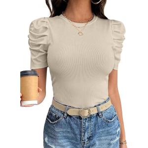 image:imageANRABESS Women Puff Short Sleeve Crewneck Dressy Casual Tops Summer Fitted Ribbed Knit Trendy Work Shirts 2026 Spring ClothesBeige