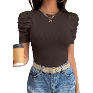 image:imageANRABESS Women Puff Short Sleeve Crewneck Dressy Casual Tops Summer Fitted Ribbed Knit Trendy Work Shirts 2026 Spring ClothesCoffee