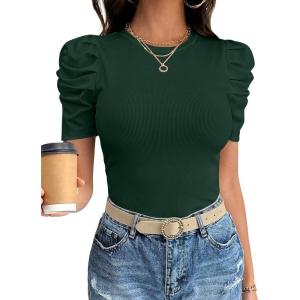 image:imageANRABESS Women Puff Short Sleeve Crewneck Dressy Casual Tops Summer Fitted Ribbed Knit Trendy Work Shirts 2026 Spring ClothesDeep Green