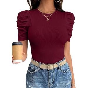 image:imageANRABESS Women Puff Short Sleeve Crewneck Dressy Casual Tops Summer Fitted Ribbed Knit Trendy Work Shirts 2026 Spring ClothesDeep Red