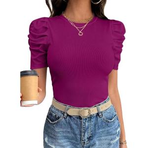 image:imageANRABESS Women Puff Short Sleeve Crewneck Dressy Casual Tops Summer Fitted Ribbed Knit Trendy Work Shirts 2026 Spring ClothesFuchsia