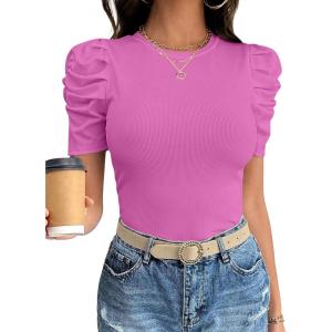 image:imageANRABESS Women Puff Short Sleeve Crewneck Dressy Casual Tops Summer Fitted Ribbed Knit Trendy Work Shirts 2026 Spring ClothesHot Pink