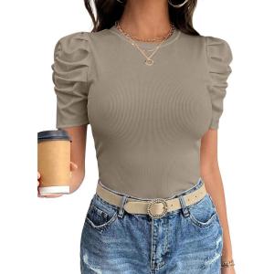 image:imageANRABESS Women Puff Short Sleeve Crewneck Dressy Casual Tops Summer Fitted Ribbed Knit Trendy Work Shirts 2026 Spring ClothesLight Khaki