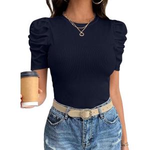 image:imageANRABESS Women Puff Short Sleeve Crewneck Dressy Casual Tops Summer Fitted Ribbed Knit Trendy Work Shirts 2026 Spring ClothesNavy Blue