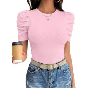 image:imageANRABESS Women Puff Short Sleeve Crewneck Dressy Casual Tops Summer Fitted Ribbed Knit Trendy Work Shirts 2026 Spring ClothesPink