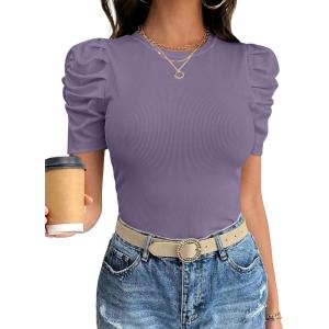 image:imageANRABESS Women Puff Short Sleeve Crewneck Dressy Casual Tops Summer Fitted Ribbed Knit Trendy Work Shirts 2026 Spring ClothesPurple