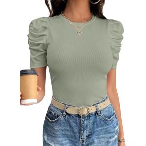 image:imageANRABESS Women Puff Short Sleeve Crewneck Dressy Casual Tops Summer Fitted Ribbed Knit Trendy Work Shirts 2026 Spring ClothesSage Green