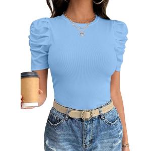 image:imageANRABESS Women Puff Short Sleeve Crewneck Dressy Casual Tops Summer Fitted Ribbed Knit Trendy Work Shirts 2026 Spring ClothesSky Blue