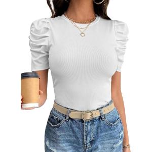 image:imageANRABESS Women Puff Short Sleeve Crewneck Dressy Casual Tops Summer Fitted Ribbed Knit Trendy Work Shirts 2026 Spring ClothesWhite