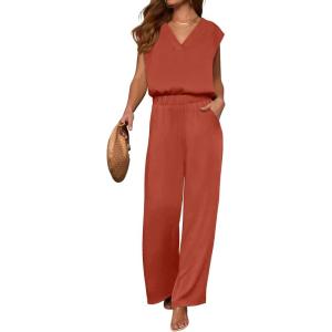 image:imageANRABESS Women Summer 2 Piece Outfits VNeck Top and Wide Leg Pants Set Comfy AllDay Wear for Lounge amp Daily Travel Set Orange Red Large