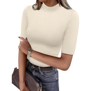 image:imageANRABESS Women Tops Mock Neck 12 Short Sleeve Slim Fit Basic Tee Shirts Dressy Work Business 2026 Summer Fall Casual OutfitsApricot