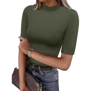 image:imageANRABESS Women Tops Mock Neck 12 Short Sleeve Slim Fit Basic Tee Shirts Dressy Work Business 2026 Summer Fall Casual OutfitsArmy Green