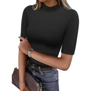 image:imageANRABESS Women Tops Mock Neck 12 Short Sleeve Slim Fit Basic Tee Shirts Dressy Work Business 2026 Summer Fall Casual OutfitsBlack