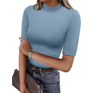 image:imageANRABESS Women Tops Mock Neck 12 Short Sleeve Slim Fit Basic Tee Shirts Dressy Work Business 2026 Summer Fall Casual OutfitsBlue