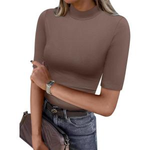 image:imageANRABESS Women Tops Mock Neck 12 Short Sleeve Slim Fit Basic Tee Shirts Dressy Work Business 2026 Summer Fall Casual OutfitsBrown