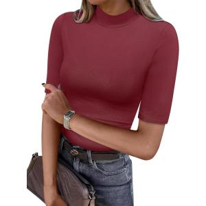 image:imageANRABESS Women Tops Mock Neck 12 Short Sleeve Slim Fit Basic Tee Shirts Dressy Work Business 2026 Summer Fall Casual OutfitsBurgundy
