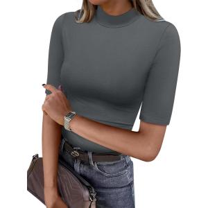 image:imageANRABESS Women Tops Mock Neck 12 Short Sleeve Slim Fit Basic Tee Shirts Dressy Work Business 2026 Summer Fall Casual OutfitsDark Gray