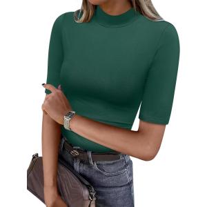 image:imageANRABESS Women Tops Mock Neck 12 Short Sleeve Slim Fit Basic Tee Shirts Dressy Work Business 2026 Summer Fall Casual OutfitsGreen