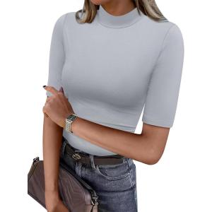 image:imageANRABESS Women Tops Mock Neck 12 Short Sleeve Slim Fit Basic Tee Shirts Dressy Work Business 2026 Summer Fall Casual OutfitsGrey