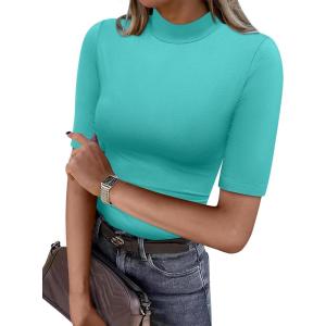 image:imageANRABESS Women Tops Mock Neck 12 Short Sleeve Slim Fit Basic Tee Shirts Dressy Work Business 2026 Summer Fall Casual OutfitsLake Green