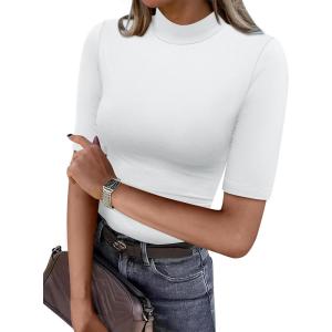 image:imageANRABESS Women Tops Mock Neck 12 Short Sleeve Slim Fit Basic Tee Shirts Dressy Work Business 2026 Summer Fall Casual OutfitsWhite