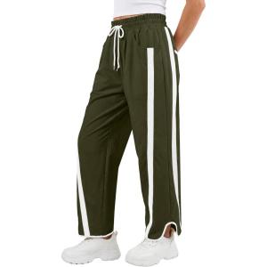 image:imageANRABESS Women Track Pants Casual Drawstring Waist Lightweight Baggy Contrast Color Workout Barrel Leg Pants with PocketsArmy Green