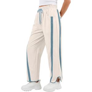 image:imageANRABESS Women Track Pants Casual Drawstring Waist Lightweight Baggy Contrast Color Workout Barrel Leg Pants with PocketsBeige