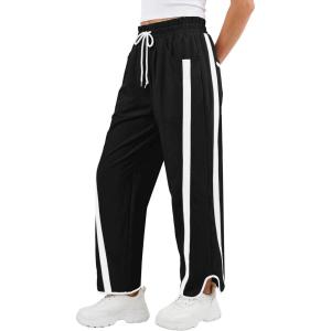 image:imageANRABESS Women Track Pants Casual Drawstring Waist Lightweight Baggy Contrast Color Workout Barrel Leg Pants with PocketsBlack
