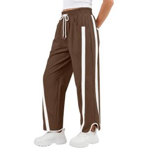 image:imageANRABESS Women Track Pants Casual Drawstring Waist Lightweight Baggy Contrast Color Workout Barrel Leg Pants with PocketsCoffe