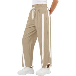 image:imageANRABESS Women Track Pants Casual Drawstring Waist Lightweight Baggy Contrast Color Workout Barrel Leg Pants with PocketsKhaki