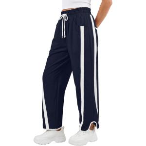 image:imageANRABESS Women Track Pants Casual Drawstring Waist Lightweight Baggy Contrast Color Workout Barrel Leg Pants with PocketsNavy