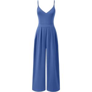 image:imageANRABESS Women V Neck Spaghetti Strap Wide Leg Dressy Jumpsuits 2026 Summer Casual One Piece Jumper Romper Outfits amp PocketsBlue