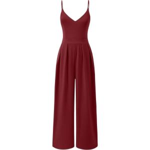 image:imageANRABESS Women V Neck Spaghetti Strap Wide Leg Dressy Jumpsuits 2026 Summer Casual One Piece Jumper Romper Outfits amp PocketsBurgundy