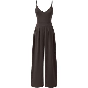 image:imageANRABESS Women V Neck Spaghetti Strap Wide Leg Dressy Jumpsuits 2026 Summer Casual One Piece Jumper Romper Outfits amp PocketsDeep Brown