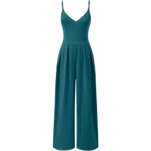 image:imageANRABESS Women V Neck Spaghetti Strap Wide Leg Dressy Jumpsuits 2026 Summer Casual One Piece Jumper Romper Outfits amp PocketsLake Green