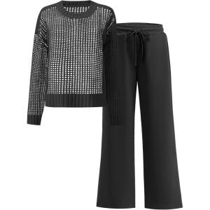image:imageANRABESS Womens 2 Piece Outfits Crochet Sheer Knit Sweater Top Wide Leg Pants Lounge Set Sweatsuit 2026 Spring Travel ClothesBlack