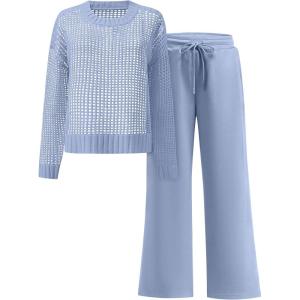image:imageANRABESS Womens 2 Piece Outfits Crochet Sheer Knit Sweater Top Wide Leg Pants Lounge Set Sweatsuit 2026 Spring Travel ClothesBlue