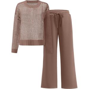 image:imageANRABESS Womens 2 Piece Outfits Crochet Sheer Knit Sweater Top Wide Leg Pants Lounge Set Sweatsuit 2026 Spring Travel ClothesBrown