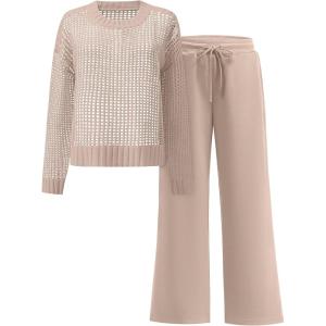 image:imageANRABESS Womens 2 Piece Outfits Crochet Sheer Knit Sweater Top Wide Leg Pants Lounge Set Sweatsuit 2026 Spring Travel ClothesLight Brown