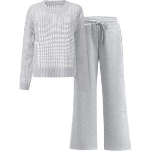 image:imageANRABESS Womens 2 Piece Outfits Crochet Sheer Knit Sweater Top Wide Leg Pants Lounge Set Sweatsuit 2026 Spring Travel ClothesLight Grey
