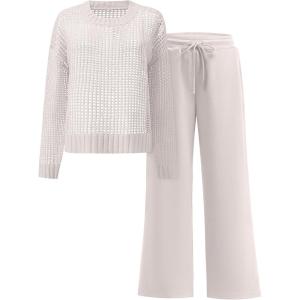 image:imageANRABESS Womens 2 Piece Outfits Crochet Sheer Knit Sweater Top Wide Leg Pants Lounge Set Sweatsuit 2026 Spring Travel ClothesLight Khaki